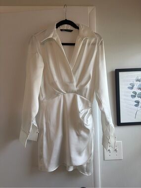 Zara White Satin Wrap-Style Collared Tunic